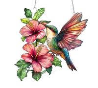 Heart Shaped Robin Suncatcher, Stained Glass Style Acrylic Window Hanging with Flowers and Crystals, Maslasee,Garden Gift and Home Decor Ornament for Indoors and Outdoors