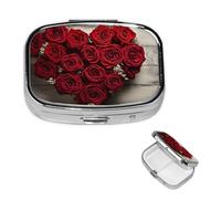 Heart Shaped Roses Pill Box 2 Compartment Square Portable Pill Case for Pocket or Purse Small Weekly Medicine Planner Travel Pillbox with Mirror Decorative Metal Vitamin Holder Gifts