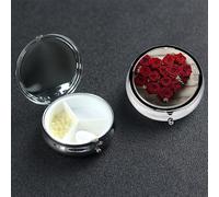 Heart Shaped Roses Pill Box 3 Compartment Round Portable Pill Case for Pocket or Purse Small Weekly Medicine Planner Travel Pillbox with Mirror Decorative Metal Vitamin Holder Gifts