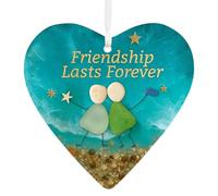 Heart Shaped Sea Glass Friendship Decor Timeless Friendships Heart Keepsake "Friendship Lasts Forever" Ornament for Friends Christmas Pendant for Xmas Tree Hanging Unique Keepsake Gifts (Heart-B)