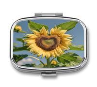Heart Shaped Sunflower Pill Case 2 Compartments Travel Pill Organizer for Pocket Small Pill Box Portable Pill Container Metal Medication Holder to Hold Vitamin Fish Oil Supplement