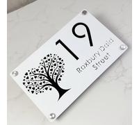 Heart Shaped Tree Personalized Custom Laser Cut Acrylic House Number Sign For Outdoor Address plaque Room Decoration (White Black,30x18cm)