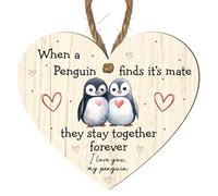 Heart-Shaped Wooden Plaque "When a Penguin Finds Its Mate" - Perfect for Anniversary, Couples, Weddings, Valentine’s Day | Penguin Love Gift | (Beige, Large: 23 cm (H) × 20 cm (W))