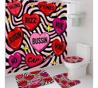 Heart Shower Curtain Sets, Modern Playful Star Swirl Valentine Peach Washable with Hooks Design Bathroom Shower Curtain and Rug Set Decorative for Toile Guest Room 72x72 Inch