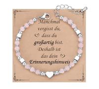 Heart Silver Bracelet Women's Gift - Adjustable 4 mm Natural Stones Ball Bracelet, Women's Bracelets with Heart Charm, Girlfriend Sister Mother Jewellery Gifts for Day of Remembrance Birthday (Pink)