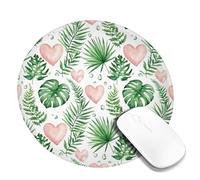 Heart Small Mouse Pad, Tropical Floral Leaf Fern Summer Green Round Rubber Smooth Aesthetic Mousepads for Desk Accessories for Office Home Computer Laptop Round 8x8 Inch