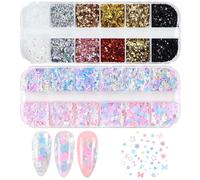 Heart Star Nail Sequins,2 Boxes 24 Grids Laser Heart Love Star Nail Art Glitter,Sparkling Valentine's Day Holographic Glitter Sequins for Women Girls Manicure (C)