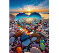 Heart Stone Diamond Painting Kits for Adults, 5D DIY Love Beach Diamond Art Kits for Beginners Round Full Drill Painting with Diamonds Gem Art Crafts for Home Wall Decor Gift 12x16 in / 30x40cm