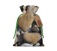 Heart Stone Printed Christmas Drawstring Bags with Green Christmas Ribbon - Reusable Burlap Drawstring Gift Pouches, M