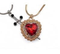 Heart & Sword Couples' Necklace Set - Silvertone Dagger, Red Glass & Crystal Heart Interlocking Pendants for Lovers, Best Friends