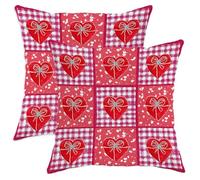 Heart Throw Pillow Covers Set of 2, Romantic Festive Bow Gingham Valentine Red Soft Velvet Washable Square Pillow Cases for Living Room Bedroom Loft Office Car Decor 16x16 Inch