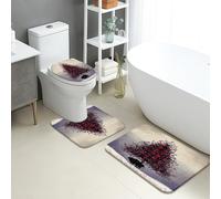 Heart Tree Bathroom Mat Sets 3 Piece, Elegant Red Floral Absorbent Non Slip Toilet Rugs U Shaped Washable, Winter Decor Quick Dry Flannel Bathroom Rug Set