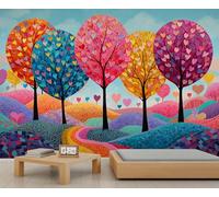 Heart Tree Mural 3D Love-Themed Wallpaper Colorful Hills Mural Fantasy Landscape Wallpaper Cute Children's Bedroom Murals Not Peel and Stick 500 x 317 cm