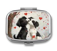 Heart White Black Dog Pill Case Box with 2 Compartment Medicine Vitamin Organizer for Purse Pocket 5.5x4cm