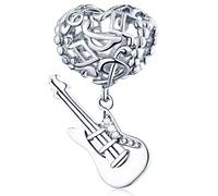 Heart with Music Notes Charms Guitar Dangle, Fit Pandora Art Bracelet, 925 Sterling Silver I Love Electric Guitar Pendant Musical Instrument Beads, Gift for Artist/Musician/Niece/Nephew
