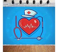 Heartbeat Curve Backdrop Red Heartbeat Curve Medical Theme Nurse's Cap and Stethoscope Photography Background for Doctor and Nurses Graduation Party Decorations Banner (Blue, 7x5feet)