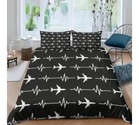 Heartbeat Line Single Duvet Cover Set 3D Printed Airplane Silhouettes Bedding Set Ultra Soft Microfiber Quilt Cover 135x200 cm for Single Bed with 2 Pillowcases with Zipper A/1598