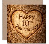 Heartfelt 10th Anniversary Card - Rustic Charm for Their Special Day - Wooden Heart Motif on Warm Brown - 145mm Square, Envelope Included