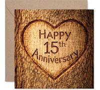 Heartfelt 15th Anniversary Card - Rustic Charm Meets Romance - Carved Heart on Wood Effect for a Timeless 15th - A Warm Way to Mark Years Together - 145mm Square, Envelope Included