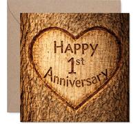 Heartfelt 1st Anniversary Card - Rustic Charm for a Memorable First Year - Heart Carved in Wood Design - Warm Way to Mark a Special Milestone - 145mm Square, Envelope Included