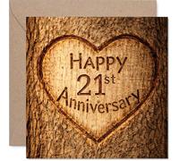 Heartfelt 21st Anniversary Card - Rustic Charm for a Special Milestone - Heart Carved into Wood Design with Cosy Brown Tones - 145mm Square, Envelope Included