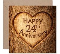 Heartfelt 24th Anniversary Card - Rustic Romance Carved in Wood - Heart Motif on Tree Trunk Design - Celebrates 24 Years Together - 145mm Square, Envelope Included