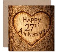 Heartfelt 27th Anniversary Card - Carved with Love - Rustic Heart on Wood Motif - Perfect for Celebrating 27 Wonderful Years Together - 145mm Square, Envelope Included