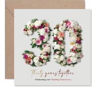 Heartfelt 30th Anniversary Card - Thirty Years of Love and Laughter - Elegant Floral '30' Design in Pink and Green - 145mm Square, Envelope Included