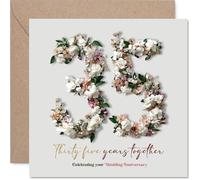 Heartfelt 35th Anniversary Card - Celebrating Thirty Five Years - Elegant Floral '35' Design in Soft Pink and Green - 145mm Square, Envelope Included