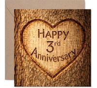 Heartfelt 3rd Anniversary Card - Carved Heart on Rustic Wood - Warm Anniversary Wishes with a Charming Natural Touch - 145mm Square, Envelope Included