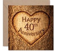 Heartfelt 40th Anniversary Card - Rustic Charm with Carved Heart - Warm Wood-effect Design for a Memorable 40th - 145mm Square, Envelope Included