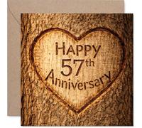 Heartfelt 57th Anniversary Card - Carved Heart on Rustic Wood - Charming Tree Trunk Design for a Special 57th Milestone - 145mm Square, Envelope Included