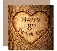 Heartfelt 8th Anniversary Card - Rustic Charm for Your Special Milestone - Heart Carved in Wood Design with Warm Brown Tones - 145mm Square, Envelope Included