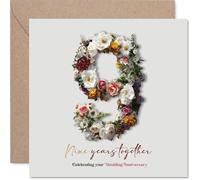 Heartfelt 9th Anniversary Card - Nine Wonderful Years - Elegant Floral Number 9 Design in Soft Pinks and Greens - 145mm Square, Envelope Included