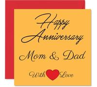 Heartfelt Anniversary Card for Mom & Dad - Celebrating Years Together - Elegant Yellow and Red Design with 'happy Anniversary Mom & Dad' - 145mm Square, Envelope Included