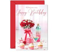 Heartfelt Birthday Card - Celebration in Full Bloom - Red Roses, Cupcakes and Perfume Bottles - Thoughtful Touch for a Special Birthday - 5x7 Inch, Envelope Included
