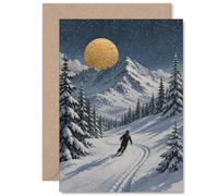 Heartfelt Birthday Card - Chase Adventure under a Golden Moon - Skier Gliding Through a Snowy Mountain Night - 5X7 Inch, Envelope Included