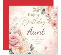 Heartfelt Birthday Card for Aunt, Elegant Watercolour Roses and Gold Hearts