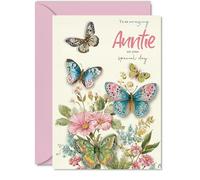 Heartfelt Birthday Card for Auntie - Bursting with Butterflies and Vibrant Flowers - Cheerful Design Celebrating Your Amazing Auntie, Mothers' Day - 5x7 Inch, Envelope Included