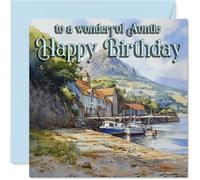 Heartfelt Birthday Card for Auntie - Charming Coastal Boats and Cottages Scene - Tranquil Blues and Greens Create a Warm Birthday Vibe - 145mm Square, Envelope Included
