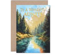 Heartfelt Birthday Card for Auntie - Warm Wishes in a Serene Landscape - Tranquil River and Golden Trees Artwork, Mother's Day - 5x7 Inch, Envelope Included