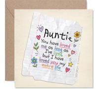 Heartfelt Birthday Card for Auntie - Warm Words and Colourful Doodles - Handwritten Note on Notebook Paper with Hearts and Flowers, Mother's Day - 145mm Square, Envelope Included