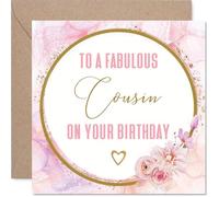 Heartfelt Birthday Card for Cousin - Celebrate Your Fabulous Cousin - Pink and Gold Floral Design with a Touch of Sparkle - 145mm Square, Envelope Included