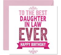 Heartfelt Birthday Card for Daughter in Law - Bold and Loving Tribute - Pink and White Design with Playful Lettering - 145mm Square, Envelope Included