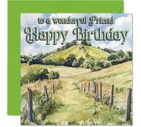 Heartfelt Birthday Card for Friend - Warm Wishes for Your Special Day - Serene Green Landscape with a Thoughtful 'to a Wonderful Friend' Message - 145mm Square, Envelope Included