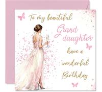 Heartfelt Birthday Card for Granddaughter - Celebratory Sparkle and Butterflies - Elegant Woman in Pink Dress Raising a Glass - 145mm Square, Envelope Included