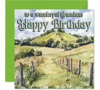 Heartfelt Birthday Card for Grandson - Warm Wishes Across Rolling Hills - Serene Landscape Scene with Cheerful Colours - 145mm Square, Envelope Included