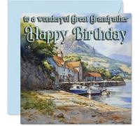 Heartfelt Birthday Card for Great Grandfather - Charming Coastal Scene with Boats - Serene Landscape and Cottages Design - 145mm Square, Envelope Included