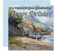 Heartfelt Birthday Card for Great Grandmother - Warm Wishes from the Seaside - Tranquil Landscape with Boats and Cottages - 145mm Square, Envelope Included