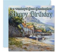Heartfelt Birthday Card for Great Grandnephew - Warm Wishes by the Seaside - Serene Coastal Scene with Boats and Colourful Houses - 145mm Square, Envelope Included